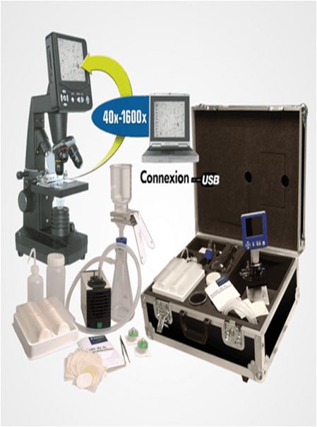 Kit de análisis de aceite con sistema de filtración y microscopio digital